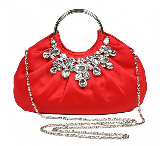 Evening Bag - Jeweled Satin w/ Metal Ring &ndash; Red -BG-90679RD
