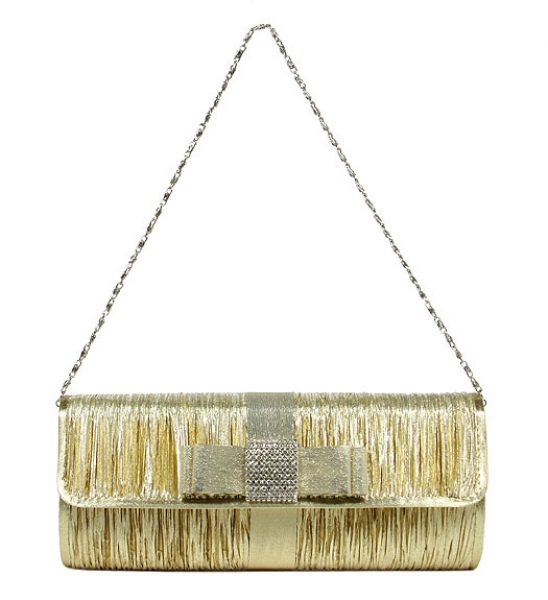Evening Bag - Pleated Clutch w/ Metal Mesh Accent Bow Flap - Gold -BG-92055G