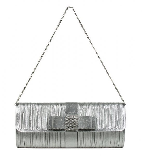 Evening Bag - Pleated Clutch w/ Metal Mesh Accent Bow Flap - Silver BG-92055S