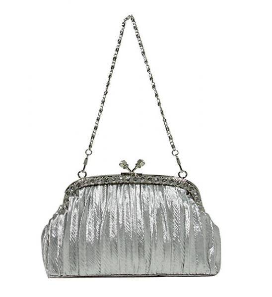 Evening Bag - Pleated Clutch w/ Rhinestone Frame - Silver -BG-92056S