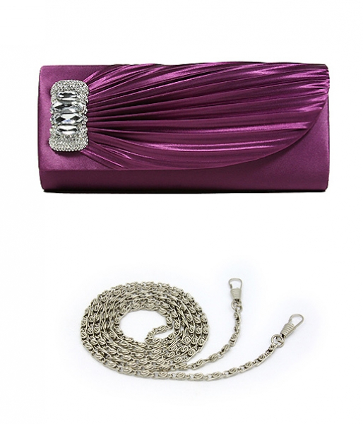 Evening Bag - Pleated Satin w/ Rhinestones Accent Charm – Purple – BG-92409PU