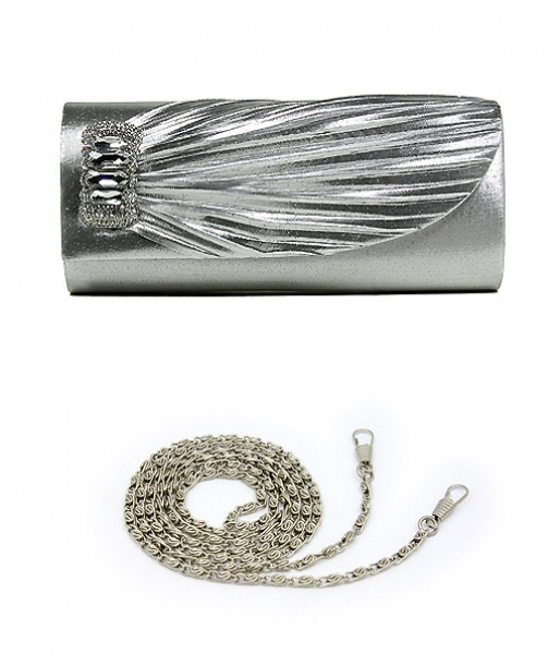 Evening Bag - Pleated Satin w/ Rhinestones Accent Charm – Silver – BG-92409S
