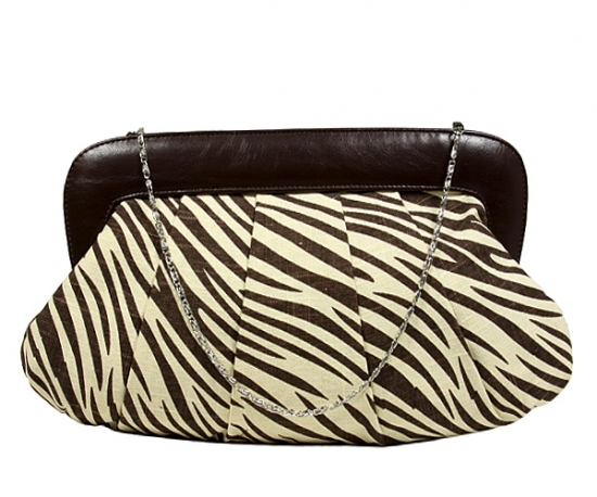 Evening Bag - Pleated Zebra Print w/ Leather Like Frame - Brown - BG-92089BR