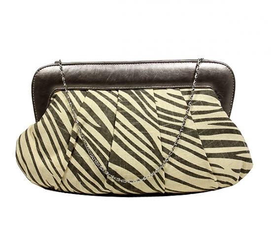 Evening Bag - Pleated Zebra Print w/ Leather Like Frame - Gray - BG-92089GY