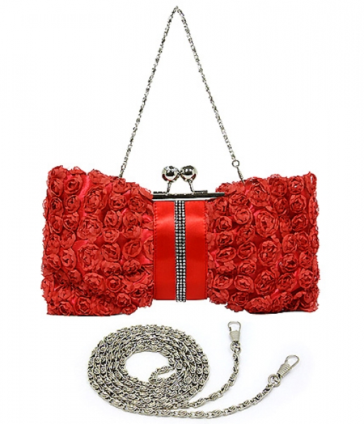 Evening Bag - Rosettes w/ Linear Beads - Red - BG-639F-RD