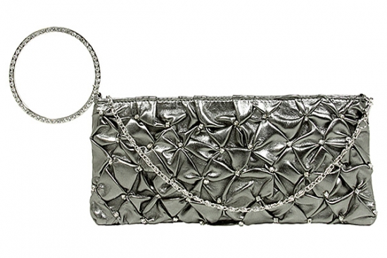 Evening Bag - Ruffled Crystal Clutch w/ Rhinestone Bracelet Wristlet – Pewter – BG-HE1018PT