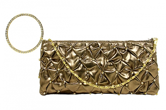 Evening Bag - Ruffled Crystal Clutch w/ Rhinestone Bracelet Wristlet - Bronze - BG-HE1018BZ