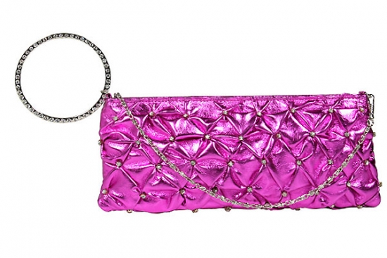 Evening Bag - Ruffled Crystal Clutch w/ Rhinestone Bracelet Wristlet - Fuchsia -BG-HE1018FU
