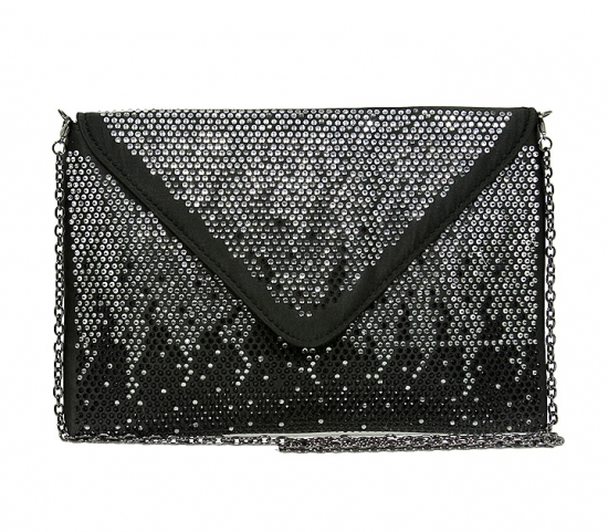 Evening Bag - Satin Envelope Clutch w/ Gradient Colored Rhinestones - Black -BG-EBP2043BK