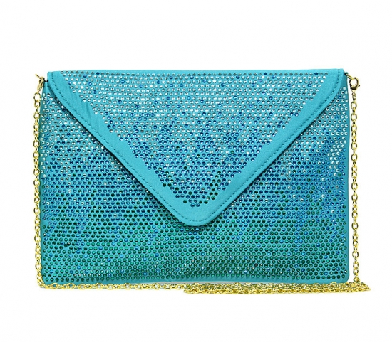 Evening Bag - Satin Envelope Clutch w/ Gradient Colored Rhinestones - Turquoise - BG-EBP2043TQ