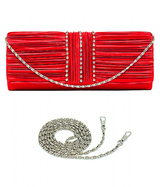 Evening Bag - Satin Pleated w/ 3 Liner Clear Stone - Red - BG-EBS1132RD