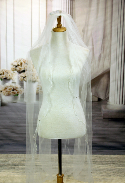 Long Veil - woven trim with beads and pearls embellishment - 108" - VL-V130-108IV