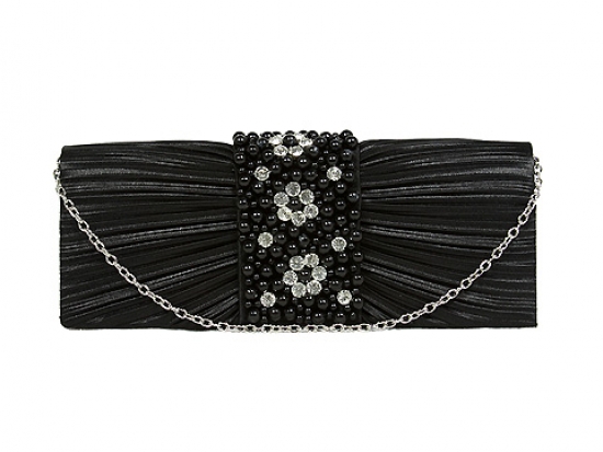 Evening Bag - Satin w/ Pleated & Beaded Flap – Black – BG-100274B