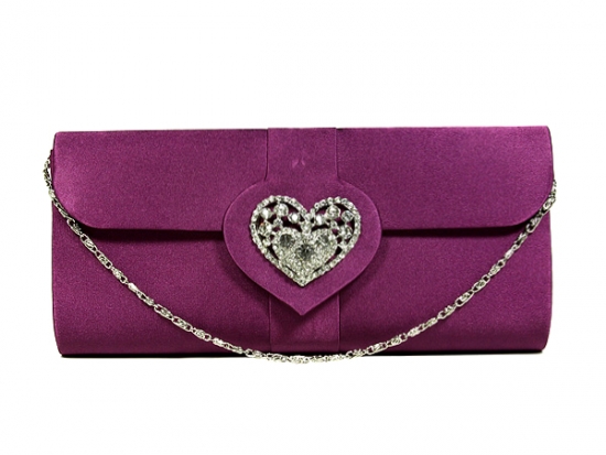 Evening Bag - Satin w/ Rhinestone Heart Charm Accent - Purple BG-92020PU