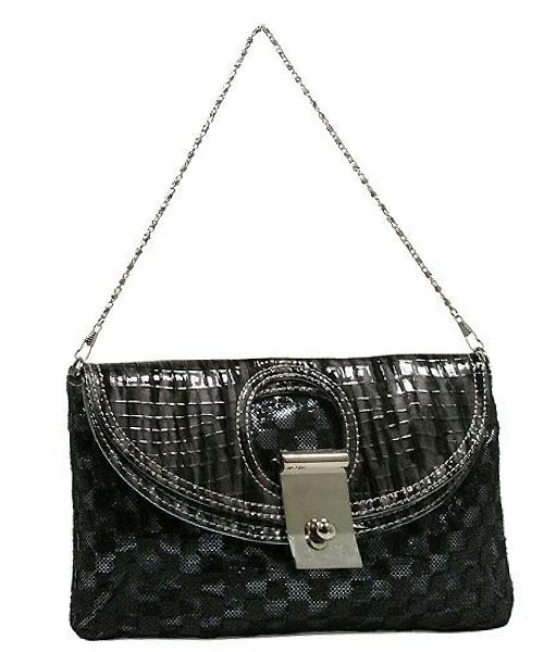 Evening Bag - Sequined Checker w/ Croc Embossed Dual Flap - Black - BG-CE9913BK