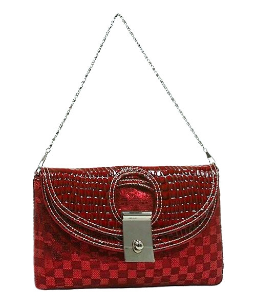 Evening Bag - Sequined Checker w/ Croc Embossed Dual Flap - Red - BG-CE9913RD