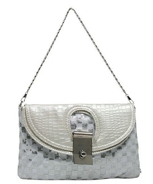 Evening Bag - Sequined Checker w/ Croc Embossed Dual Flap - Silver - BG-CE9913SV