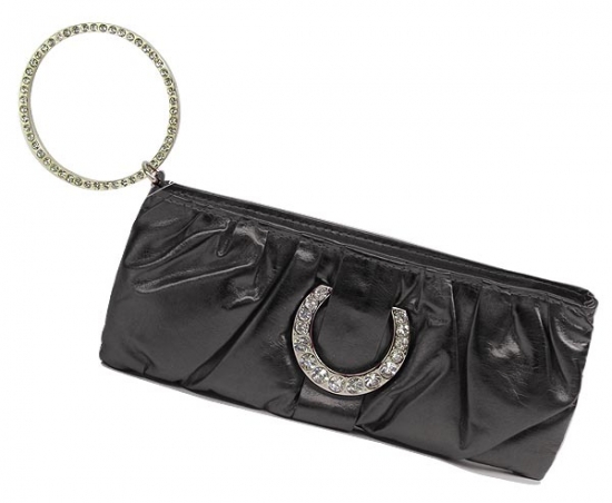 Evening Bag - Shiny Leather-Like Pleated w/ Crystal Accent Ring &ndash; Black &ndash; BG-90373B