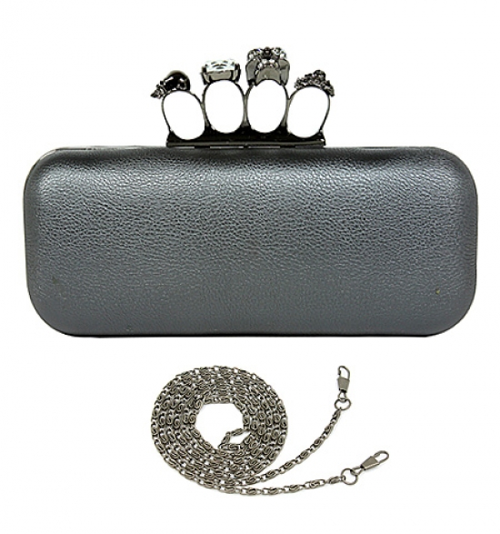 Evening Bag - Small Jeweled Stones Knuckle Clutch Bags - Pewter - BG-HD1341PT