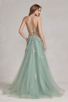Prom / Embellished V-Neck Tulle Skirt with Side Slit