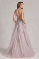 Prom / Embellished V-Neck Tulle Skirt with Side Slit