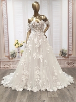 A-Line  3-D Flower Lace Wedding Dress with Bustier Bodice- LV-A1004DS