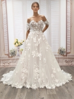 A-Line  3-D Flower Lace Wedding Dress with Bustier Bodice- LV-A1004DS