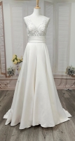 A-line - Satin Wedding Dress with Pleated Waist Line and Sheer Lacy Tank Top Bodice - OU-A3003