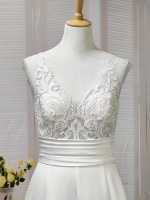 A-line - Satin Wedding Dress with Pleated Waist Line and Sheer Lacy Tank Top Bodice - OU-A3003