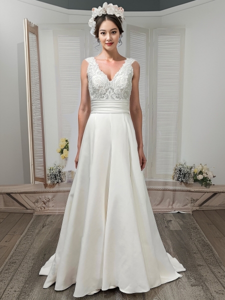 A-line - Satin Wedding Dress with Pleated Waist Line and Sheer Lacy Tank Top Bodice - OU-A3003